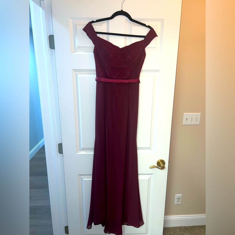 Bill Lefkoff off the shoulder burgundy bridesmaid dress